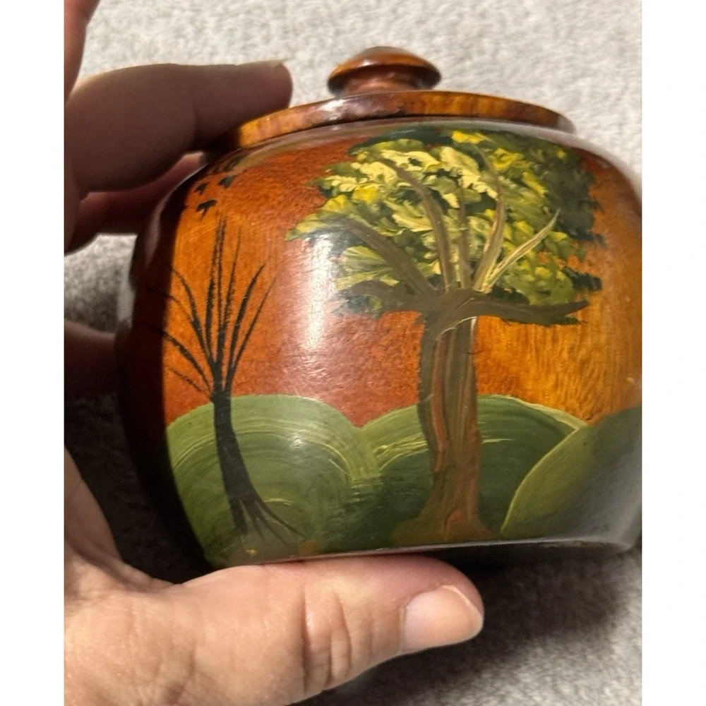 Hand Crafted & Painted Wooden Trinket Box, Spice Jar w/ Lid Folk‎ Art from HAITI